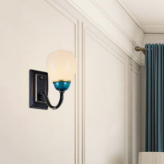 Frendorf | 1/2-Head Globe Wandlamp Fixture Plattelands Zwart en Blauw Opal Glas Wandlicht Sconces met Gebogen Arm