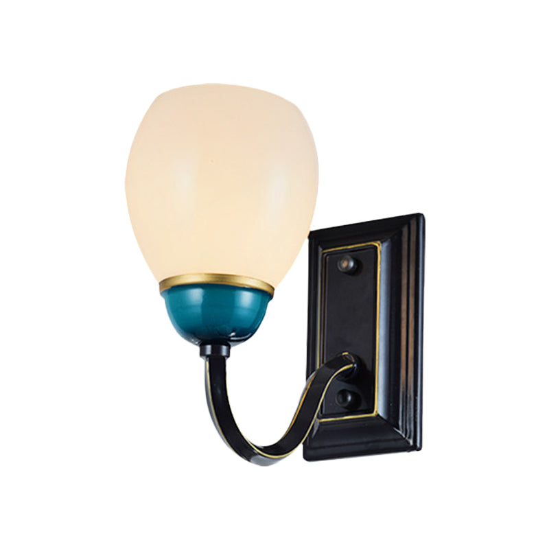 Frendorf | 1/2-Head Globe Wandlamp Fixture Plattelands Zwart en Blauw Opal Glas Wandlicht Sconces met Gebogen Arm