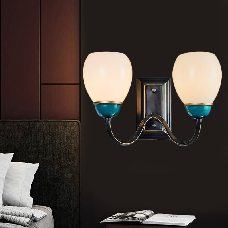 Frendorf | 1/2-Head Globe Wandlamp Fixture Plattelands Zwart en Blauw Opal Glas Wandlicht Sconces met Gebogen Arm