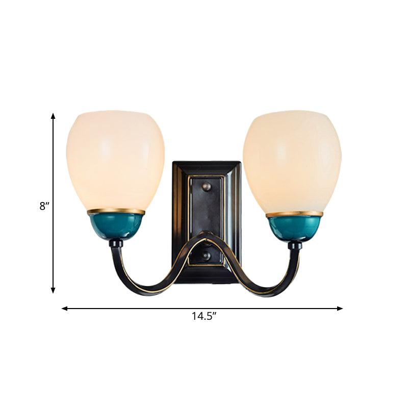 Frendorf | 1/2-Head Globe Wandlamp Fixture Plattelands Zwart en Blauw Opal Glas Wandlicht Sconces met Gebogen Arm