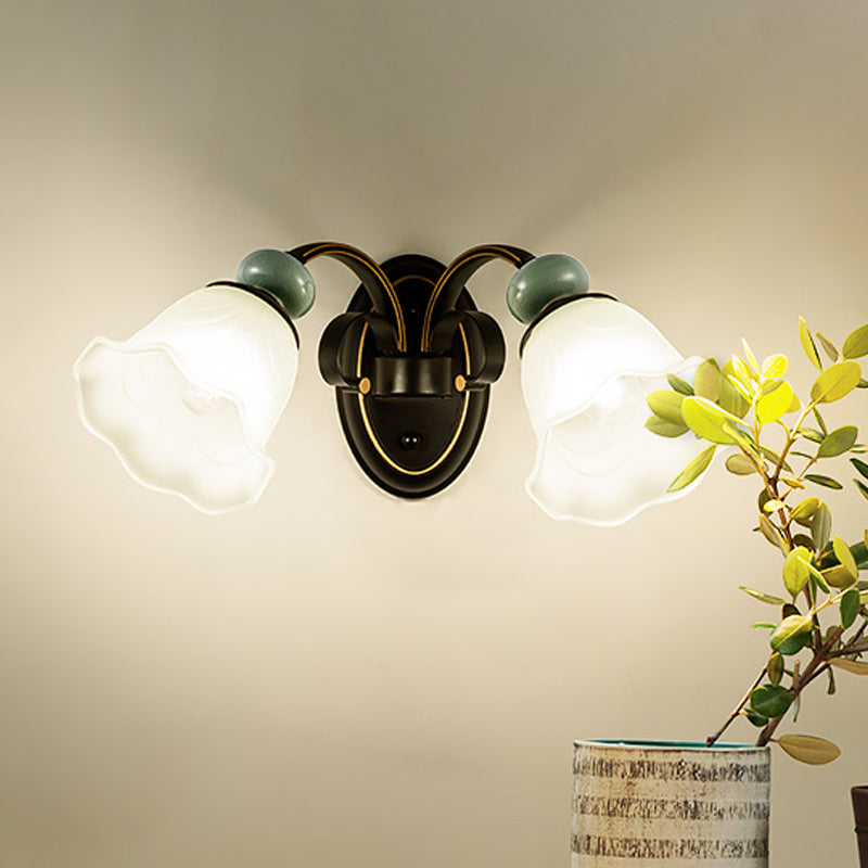 Frendorf | 1/2 Lampen Wandmontierte Licht Retro Stil Blume Frosted Glas Wandbeleuchtung Ideen in Schwarz mit schwingendem Arm