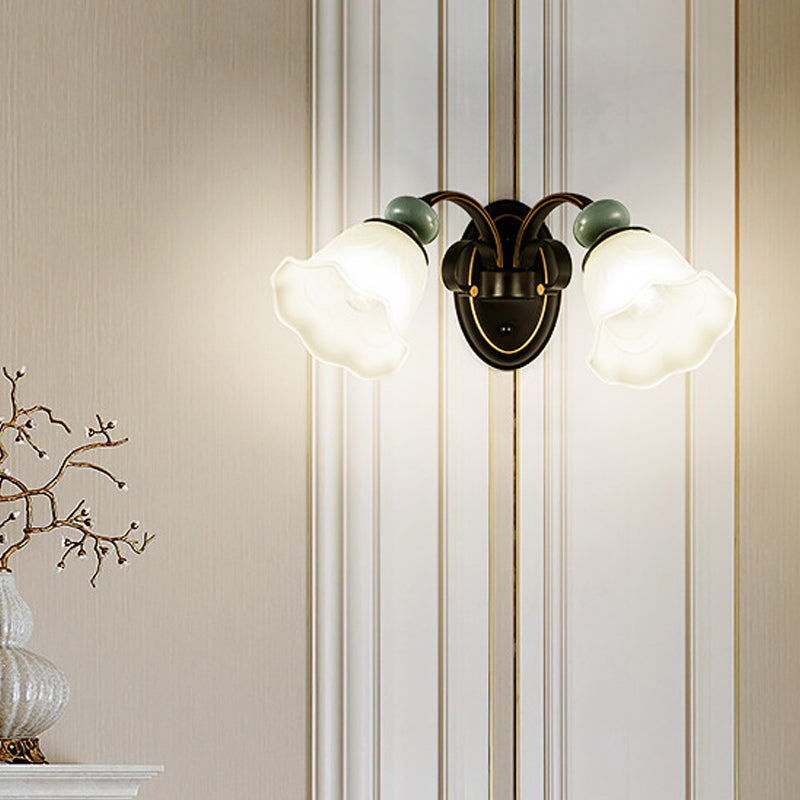 Frendorf | 1/2 Lampen Wandmontierte Licht Retro Stil Blume Frosted Glas Wandbeleuchtung Ideen in Schwarz mit schwingendem Arm