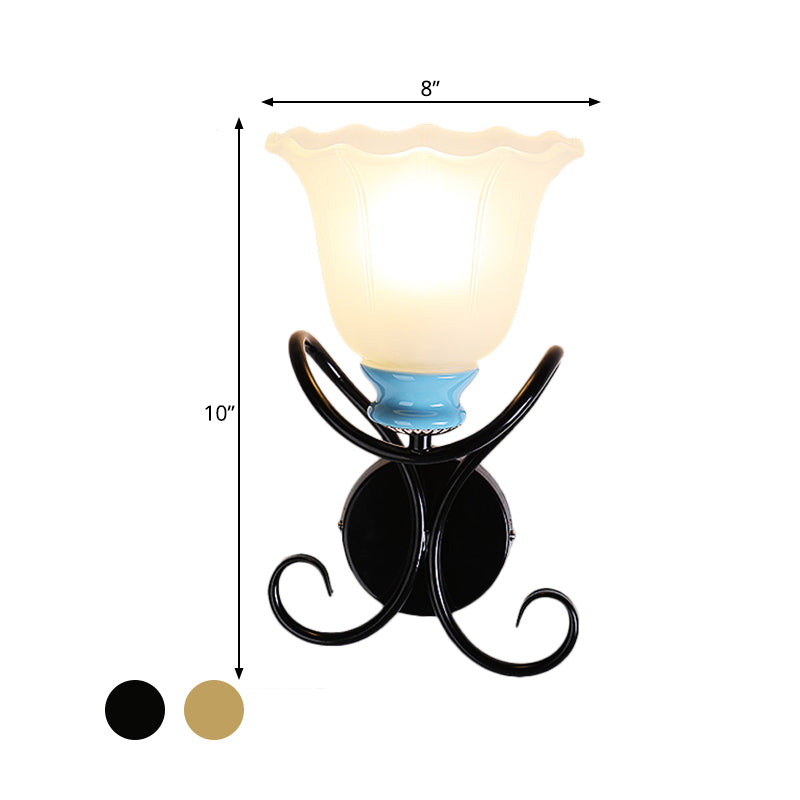 Frendorf | 1 Licht Frosted Glas Wandverlichting Landelijk Zwart/Goud Uitlopende Ganglamp met Gedraaide Arm