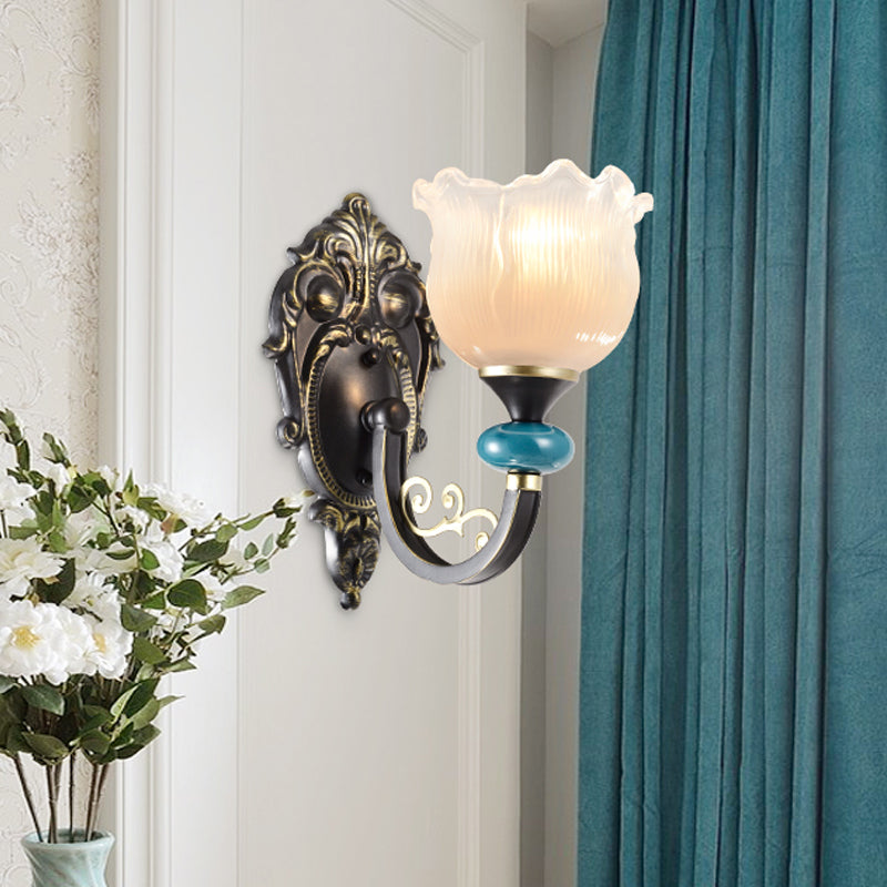 Frendorf | Klar gerippter Glas Schwarze Wandleuchte Blume 1/2 Glühbirnen Landhaus Wandmontierte Lampe mit gebogenem Arm