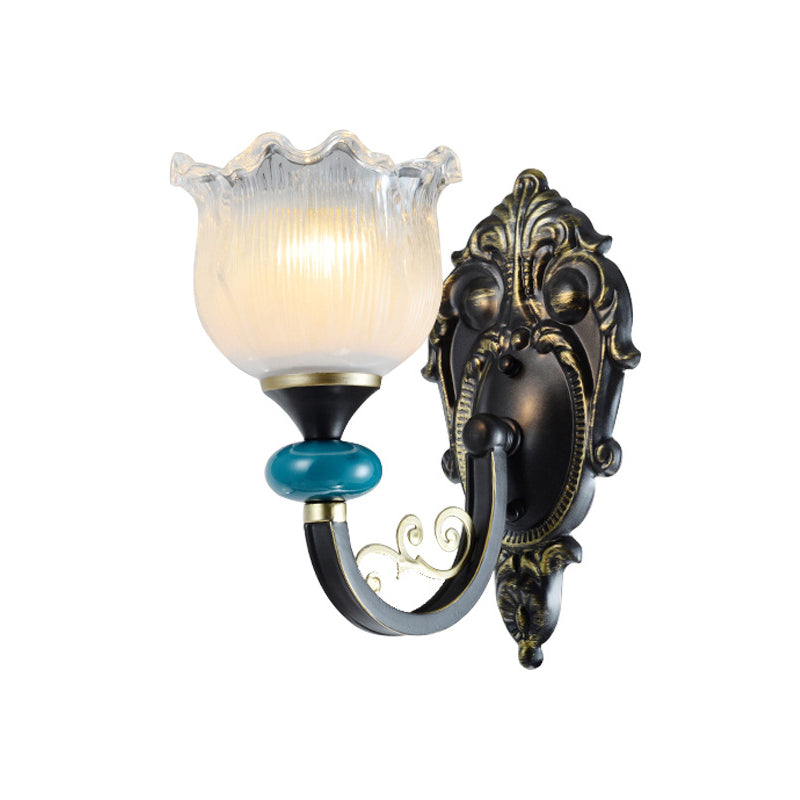 Frendorf | Klar gerippter Glas Schwarze Wandleuchte Blume 1/2 Glühbirnen Landhaus Wandmontierte Lampe mit gebogenem Arm