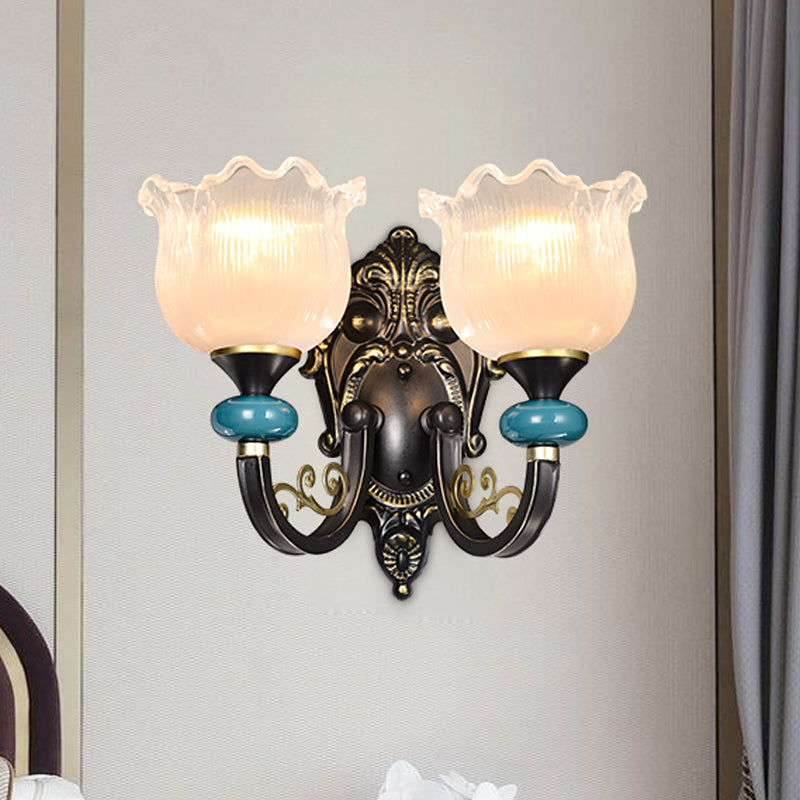 Frendorf | Klar gerippter Glas Schwarze Wandleuchte Blume 1/2 Glühbirnen Landhaus Wandmontierte Lampe mit gebogenem Arm