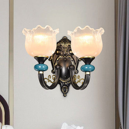 Frendorf | Klar gerippter Glas Schwarze Wandleuchte Blume 1/2 Glühbirnen Landhaus Wandmontierte Lampe mit gebogenem Arm