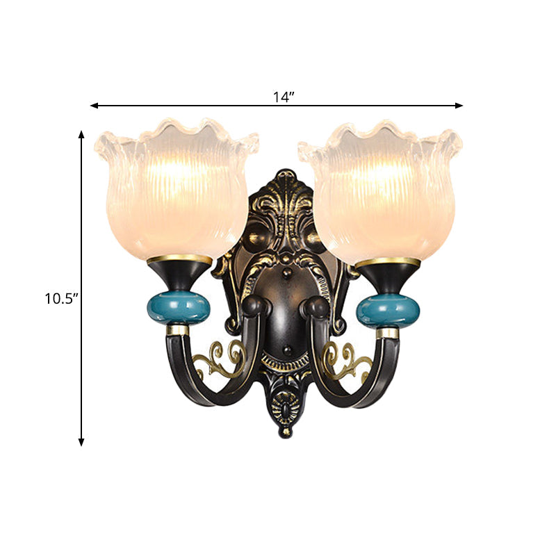 Frendorf | Klar gerippter Glas Schwarze Wandleuchte Blume 1/2 Glühbirnen Landhaus Wandmontierte Lampe mit gebogenem Arm