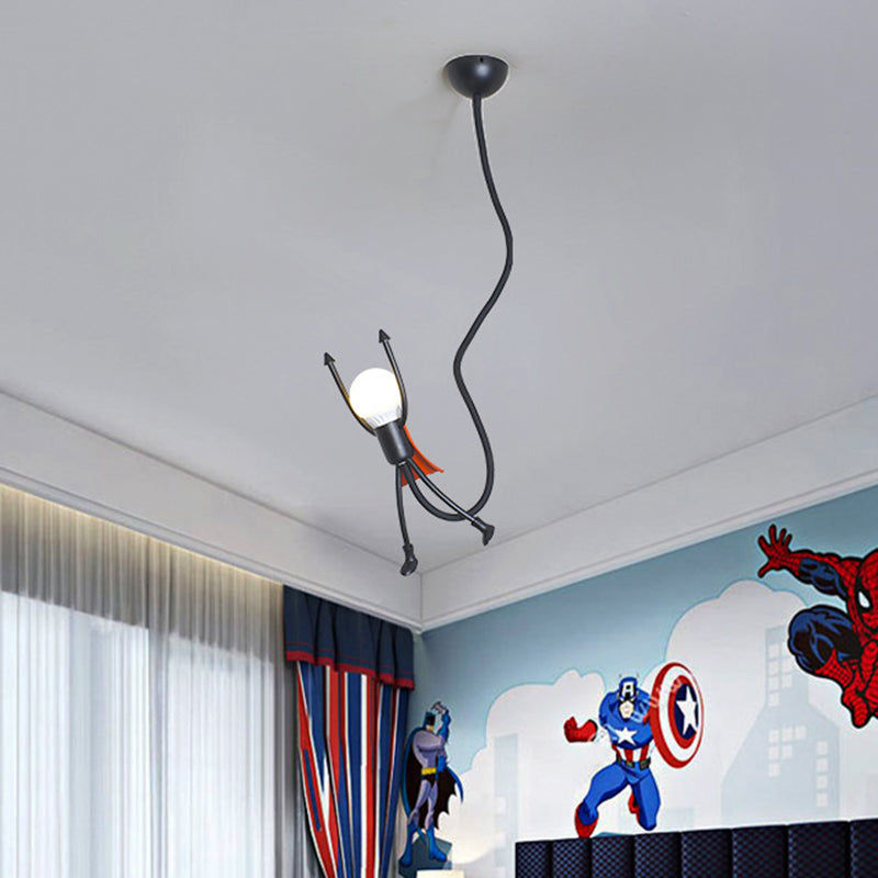 Superheld Mini Aufhängung Pendelleuchte Cartoon Eisen Einzelne Kinderzimmer hängende Lampe in Schwarz mit offenem Glühbirnen-Design