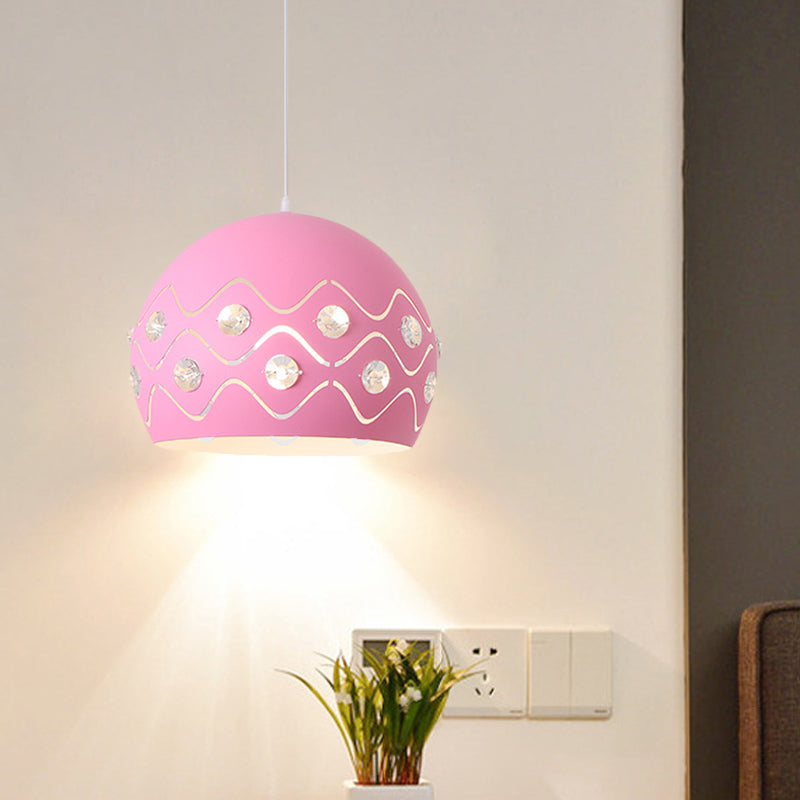 Ausschnitte Kuppel Shade Drop Pendelleuchte Macaron Eisen 1-Licht Rosa/Blau/Grün Aufhängung Lampe mit Eingebettetem Kristall Dekor
