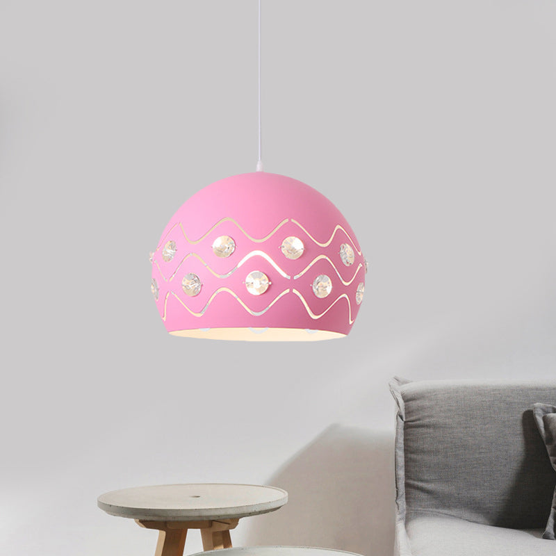 Ausschnitte Kuppel Shade Drop Pendelleuchte Macaron Eisen 1-Licht Rosa/Blau/Grün Aufhängung Lampe mit Eingebettetem Kristall Dekor