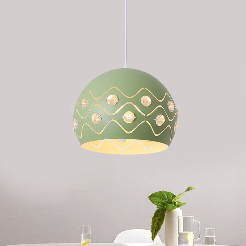 Ausschnitte Kuppel Shade Drop Pendelleuchte Macaron Eisen 1-Licht Rosa/Blau/Grün Aufhängung Lampe mit Eingebettetem Kristall Dekor