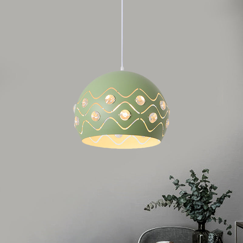 Ausschnitte Kuppel Shade Drop Pendelleuchte Macaron Eisen 1-Licht Rosa/Blau/Grün Aufhängung Lampe mit Eingebettetem Kristall Dekor