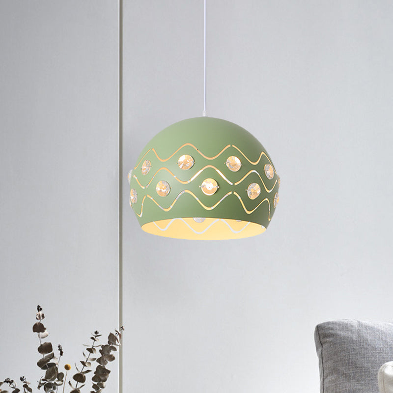 Ausschnitte Kuppel Shade Drop Pendelleuchte Macaron Eisen 1-Licht Rosa/Blau/Grün Aufhängung Lampe mit Eingebettetem Kristall Dekor