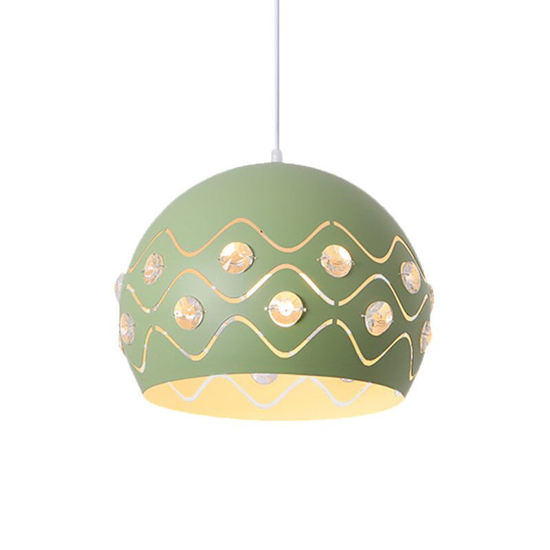 Ausschnitte Kuppel Shade Drop Pendelleuchte Macaron Eisen 1-Licht Rosa/Blau/Grün Aufhängung Lampe mit Eingebettetem Kristall Dekor