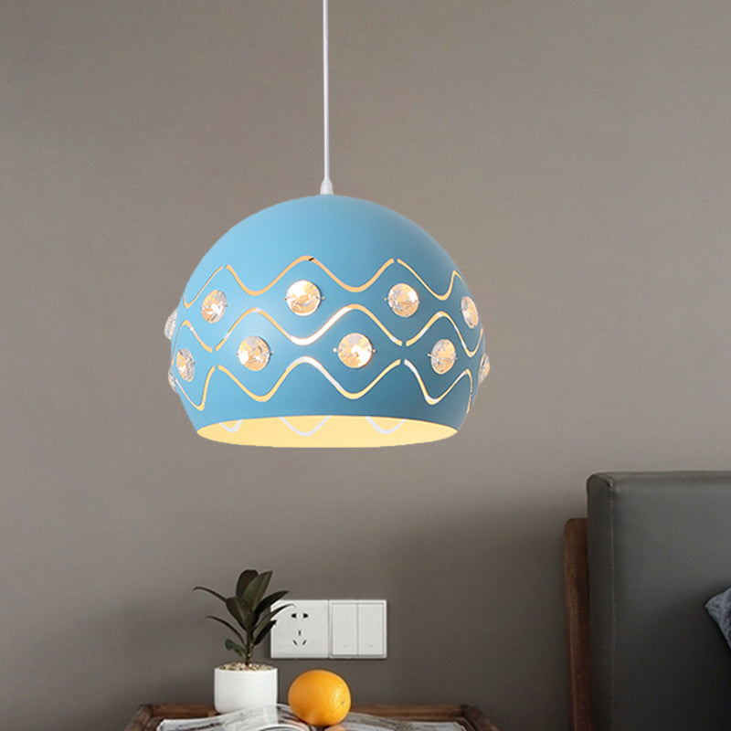 Ausschnitte Kuppel Shade Drop Pendelleuchte Macaron Eisen 1-Licht Rosa/Blau/Grün Aufhängung Lampe mit Eingebettetem Kristall Dekor