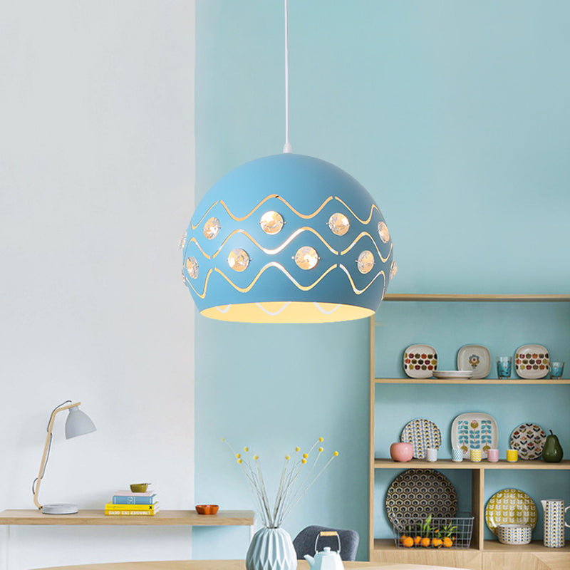 Ausschnitte Kuppel Shade Drop Pendelleuchte Macaron Eisen 1-Licht Rosa/Blau/Grün Aufhängung Lampe mit Eingebettetem Kristall Dekor