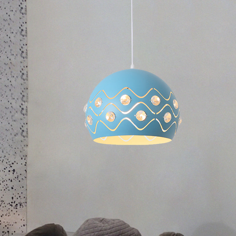 Ausschnitte Kuppel Shade Drop Pendelleuchte Macaron Eisen 1-Licht Rosa/Blau/Grün Aufhängung Lampe mit Eingebettetem Kristall Dekor