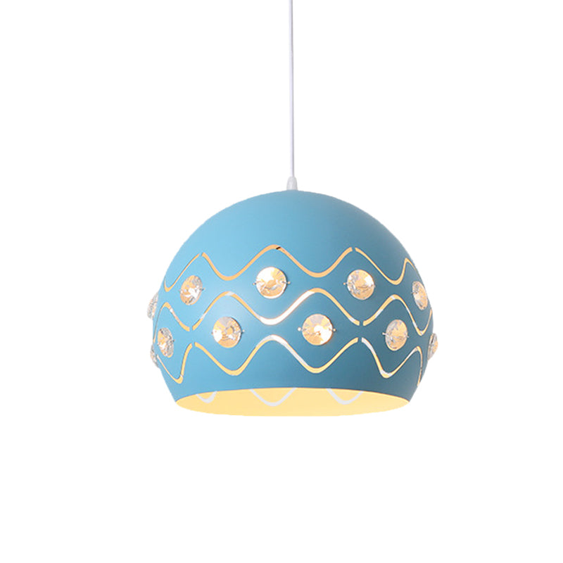 Ausschnitte Kuppel Shade Drop Pendelleuchte Macaron Eisen 1-Licht Rosa/Blau/Grün Aufhängung Lampe mit Eingebettetem Kristall Dekor