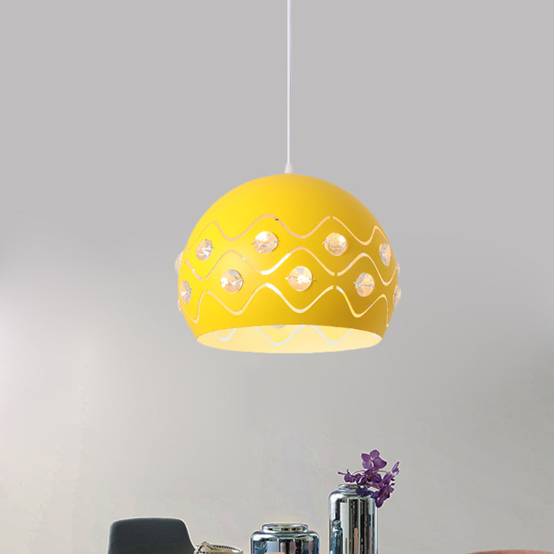 Ausschnitte Kuppel Shade Drop Pendelleuchte Macaron Eisen 1-Licht Rosa/Blau/Grün Aufhängung Lampe mit Eingebettetem Kristall Dekor