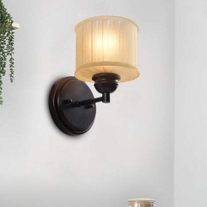 Frendorf | 1 Glühbirne Kleine Trommel Wandleuchte Landhausstil Schwarze Oberfläche Tan Glas Wandmontierte Lampe