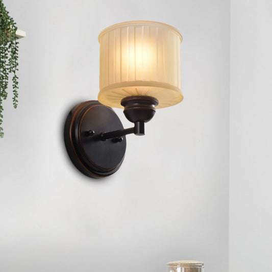 Frendorf | 1 Glühbirne Kleine Trommel Wandleuchte Landhausstil Schwarze Oberfläche Tan Glas Wandmontierte Lampe