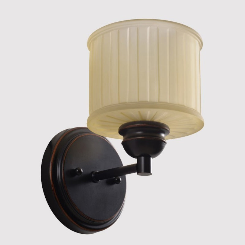 Frendorf | 1 Glühbirne Kleine Trommel Wandleuchte Landhausstil Schwarze Oberfläche Tan Glas Wandmontierte Lampe