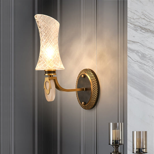 Frendorf | 1/2-Licht Bogen Wandleuchte Traditionelle Messingoberfläche Klarsicht Gitterglas Wandmontierte Lampe