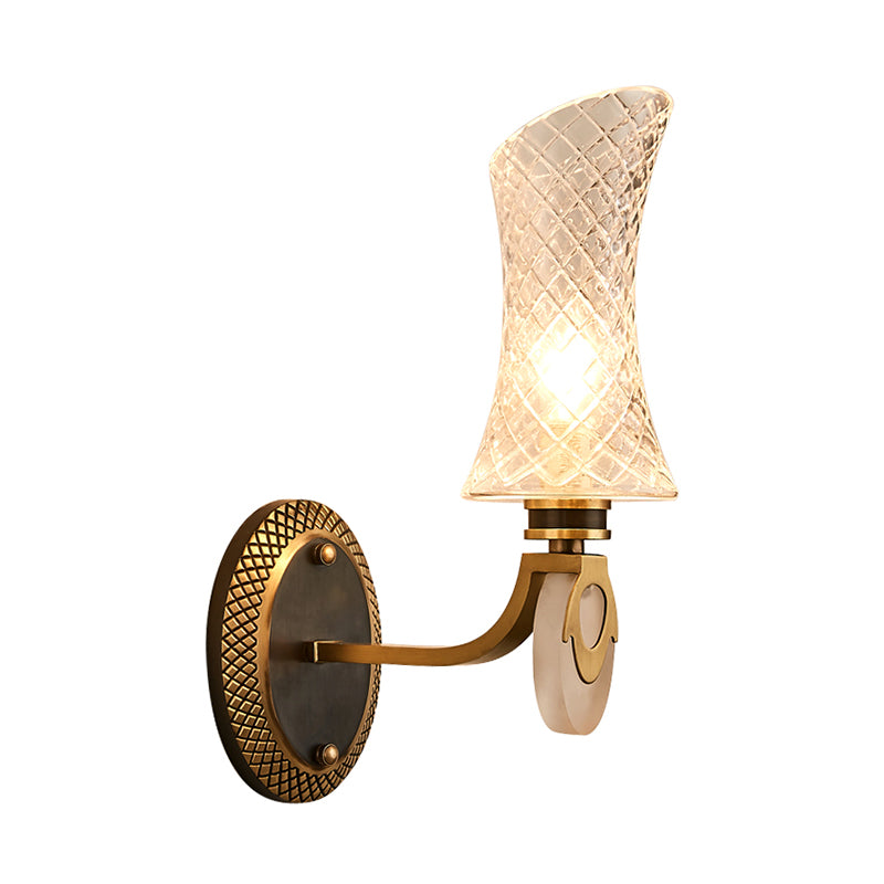 Frendorf | 1/2-Licht Bogen Wandleuchte Traditionelle Messingoberfläche Klarsicht Gitterglas Wandmontierte Lampe