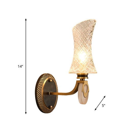 Frendorf | 1/2-Licht Bogen Wandleuchte Traditionelle Messingoberfläche Klarsicht Gitterglas Wandmontierte Lampe