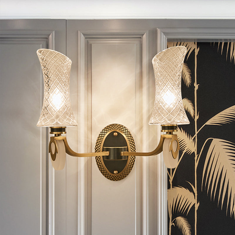 Frendorf | 1/2-Licht Bogen Wandleuchte Traditionelle Messingoberfläche Klarsicht Gitterglas Wandmontierte Lampe
