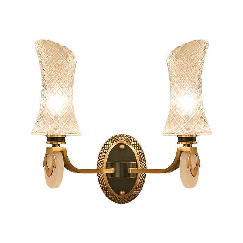 Frendorf | 1/2-Licht Bogen Wandleuchte Traditionelle Messingoberfläche Klarsicht Gitterglas Wandmontierte Lampe