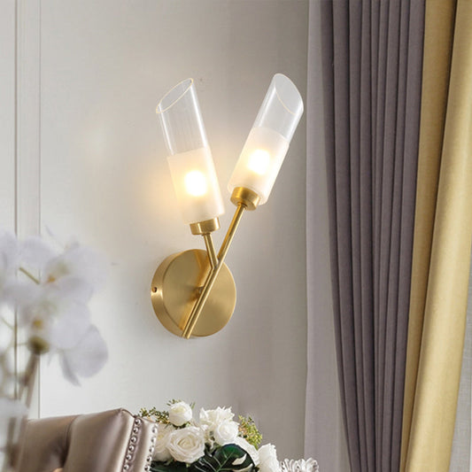 Frendorf | 2 Glühbirnen Röhren Wandmontage Lampe Traditionelle Messingausführung Klar Glas Wandlicht für Innenräume