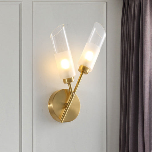 Frendorf | 2 Glühbirnen Röhren Wandmontage Lampe Traditionelle Messingausführung Klar Glas Wandlicht für Innenräume