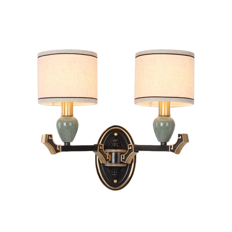 Frendorf | 1/2-Birne Wandmontierte Lampe Traditionelle Trommel Stoff Wand Sconces Beleuchtung in Schwarz für Schlafzimmer
