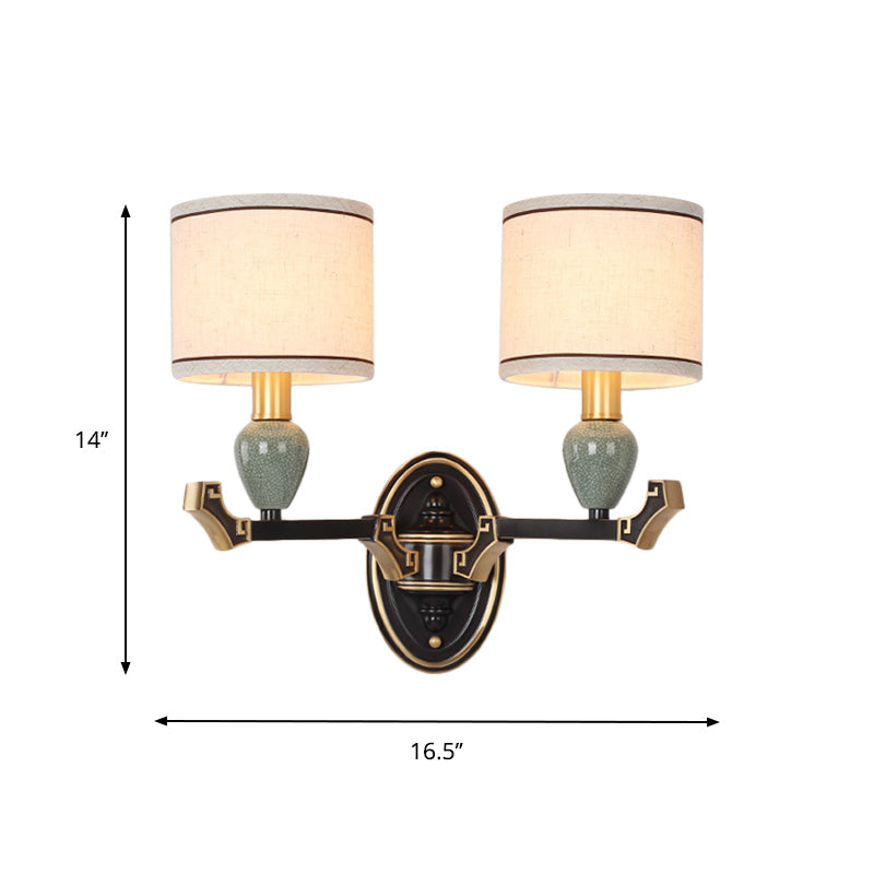 Frendorf | 1/2-Birne Wandmontierte Lampe Traditionelle Trommel Stoff Wand Sconces Beleuchtung in Schwarz für Schlafzimmer
