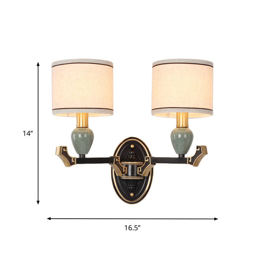 Frendorf | 1/2-Birne Wandmontierte Lampe Traditionelle Trommel Stoff Wand Sconces Beleuchtung in Schwarz für Schlafzimmer