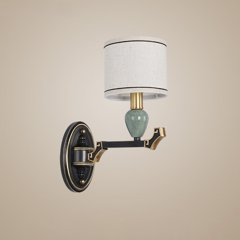 Frendorf | 1/2-Birne Wandmontierte Lampe Traditionelle Trommel Stoff Wand Sconces Beleuchtung in Schwarz für Schlafzimmer