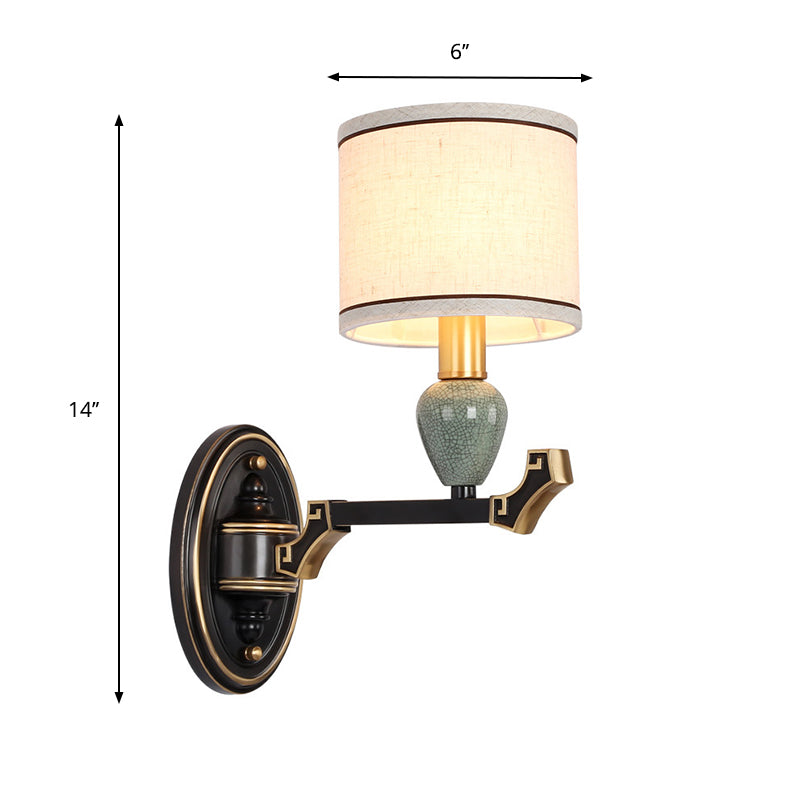 Frendorf | 1/2-Birne Wandmontierte Lampe Traditionelle Trommel Stoff Wand Sconces Beleuchtung in Schwarz für Schlafzimmer