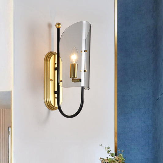 Frendorf | 1-Licht Flur Wandlampe Mid Century Schwarz-Messing Wandleuchte mit geschwungenem rauchgrauem Glasschirm