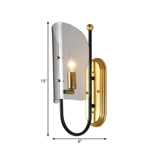 Frendorf | 1-Licht Flur Wandlampe Mid Century Schwarz-Messing Wandleuchte mit geschwungenem rauchgrauem Glasschirm