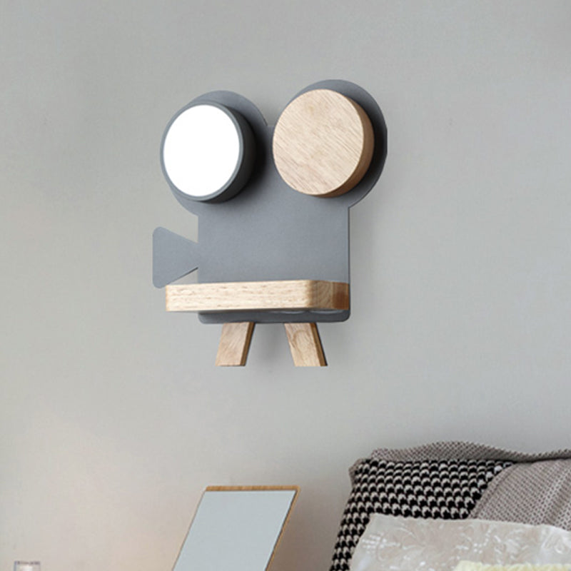 Frendorf | Schießkamera Wandlampe Nordic Eisen Grau/Weiß-Holz LED Flush Wand Sconce mit Regal-Funktion