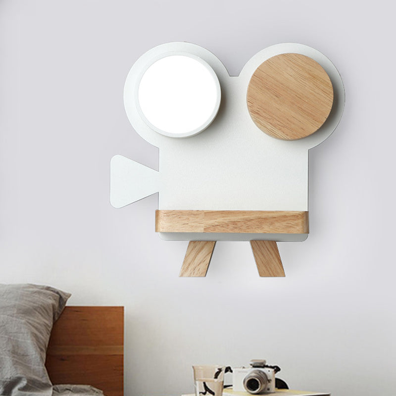 Frendorf | Schießkamera Wandlampe Nordic Eisen Grau/Weiß-Holz LED Flush Wand Sconce mit Regal-Funktion