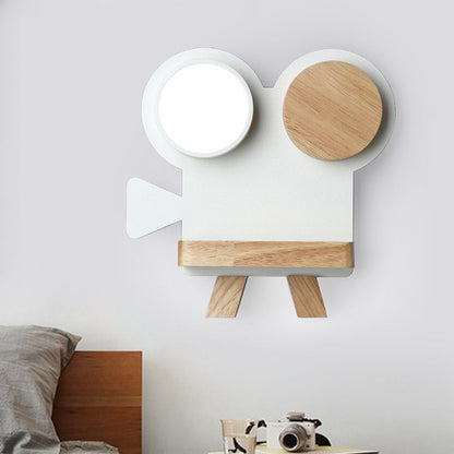 Frendorf | Schießkamera Wandlampe Nordic Eisen Grau/Weiß-Holz LED Flush Wand Sconce mit Regal-Funktion