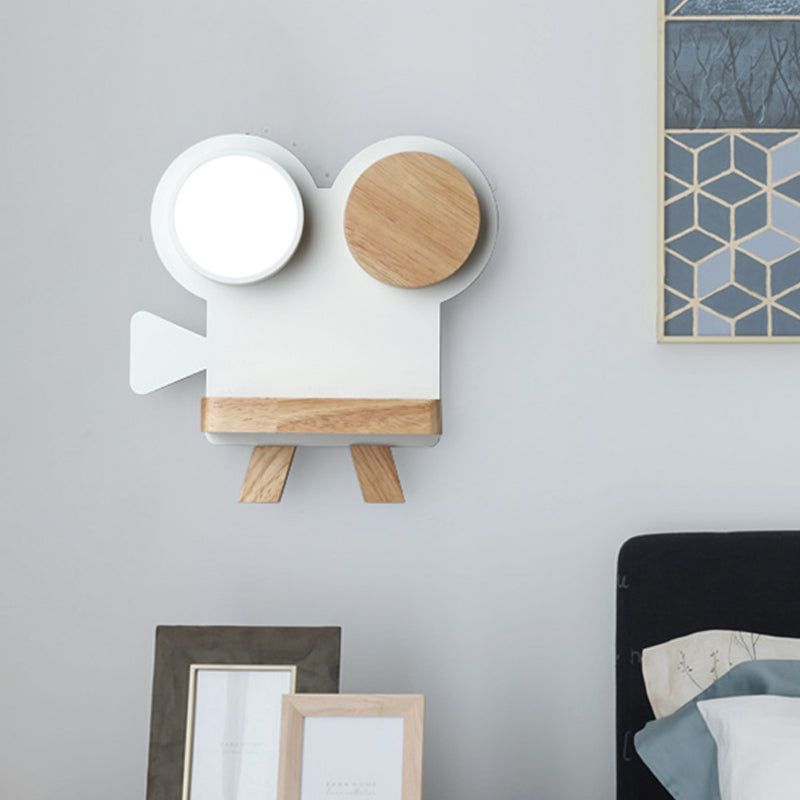 Frendorf | Schießkamera Wandlampe Nordic Eisen Grau/Weiß-Holz LED Flush Wand Sconce mit Regal-Funktion