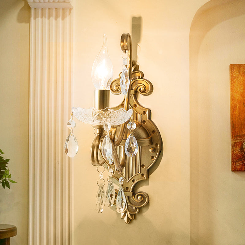 Frendorf | 1/2-Licht Kaarsenhouder Wandarmatuur Antiek Gouden IJzeren Wandlamp met Kristallen Draperie