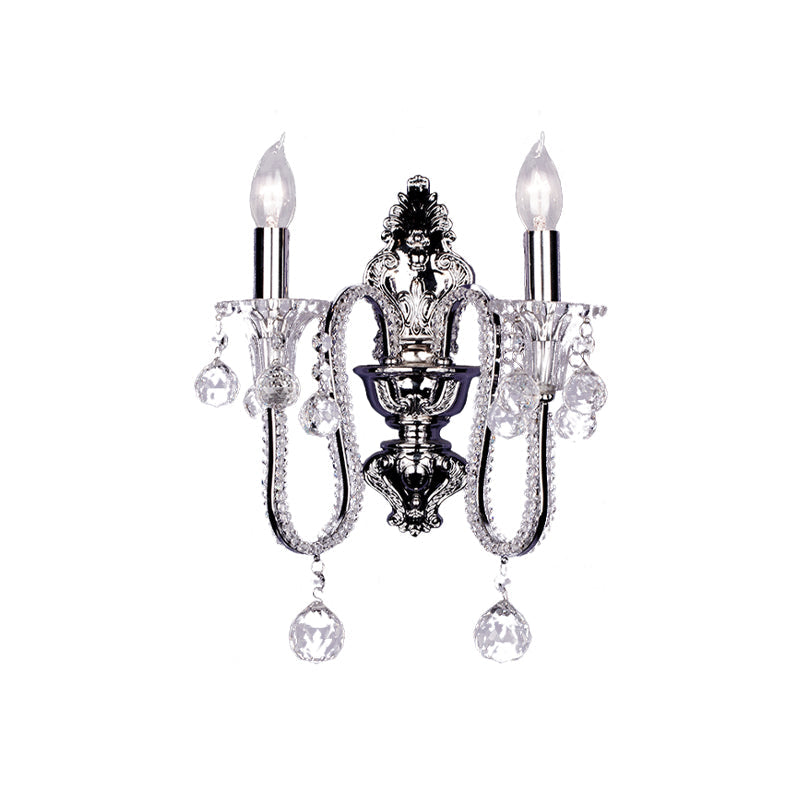Frendorf | 1/2-Head Crystal Beaded Wall Lamp Platteland Zilver Conische Bedlamp Wandmontage Lichtarmatuur met Afbuigende Arm
