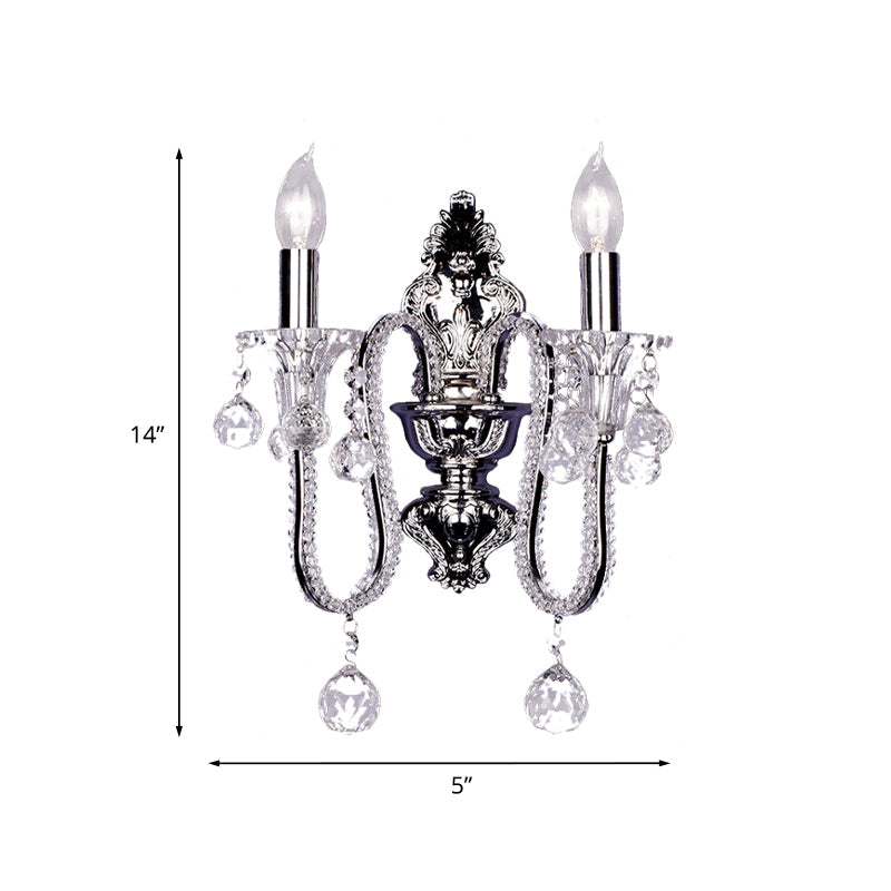 Frendorf | 1/2-Head Crystal Beaded Wall Lamp Platteland Zilver Conische Bedlamp Wandmontage Lichtarmatuur met Afbuigende Arm