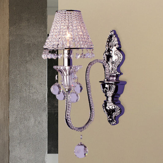 Frendorf | 1/2-Head Crystal Beaded Wall Lamp Platteland Zilver Conische Bedlamp Wandmontage Lichtarmatuur met Afbuigende Arm