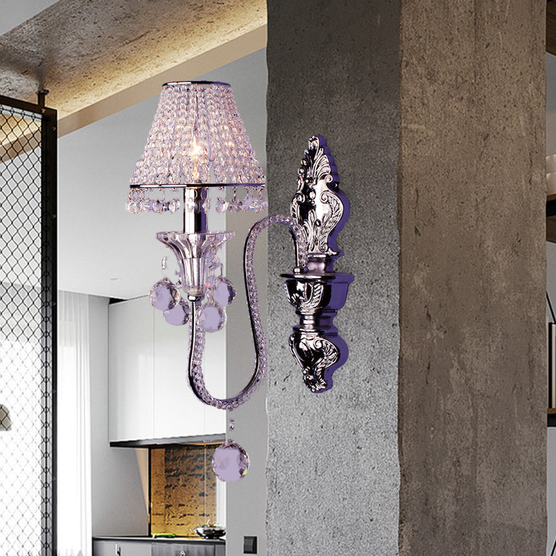 Frendorf | 1/2-Head Crystal Beaded Wall Lamp Platteland Zilver Conische Bedlamp Wandmontage Lichtarmatuur met Afbuigende Arm